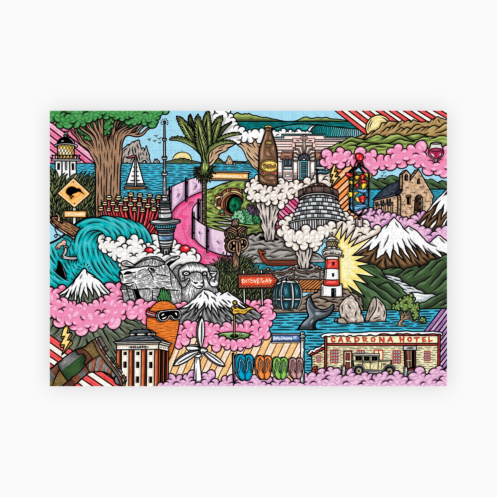 New Zealand Kiwiana Jigsaw Puzzle. Iconic landmarks of NZ. Fun, colourful 1,000 piece puzzle. A great gift idea for friends and family.
